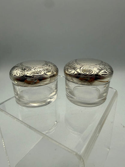 Antique Victorian Glass Rouge Jars w/Sterling Lids set of 2 /ro