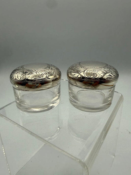 Antique Victorian Glass Rouge Jars w/Sterling Lids set of 2 /ro
