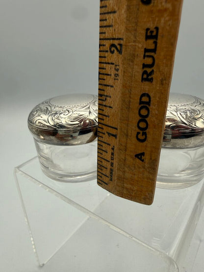 Antique Victorian Glass Rouge Jars w/Sterling Lids set of 2 /ro