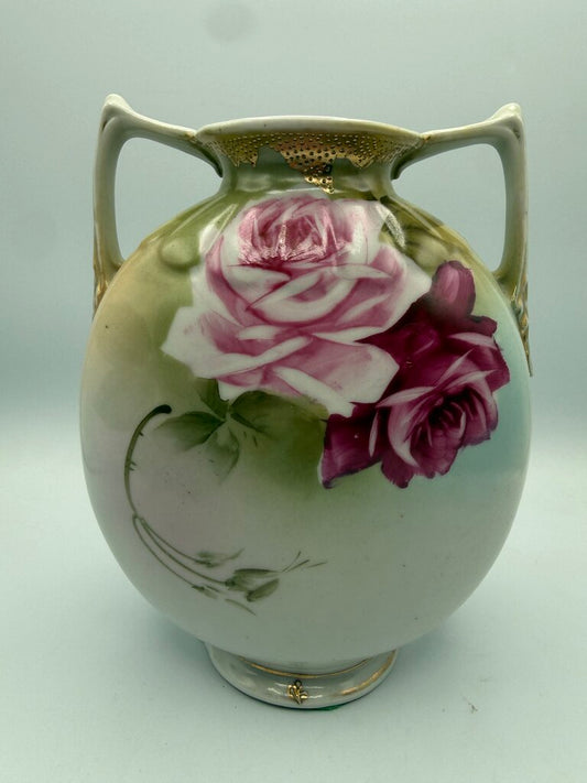 VTG Hand Painted Nippon Double Handel Vase W/Roses /ro