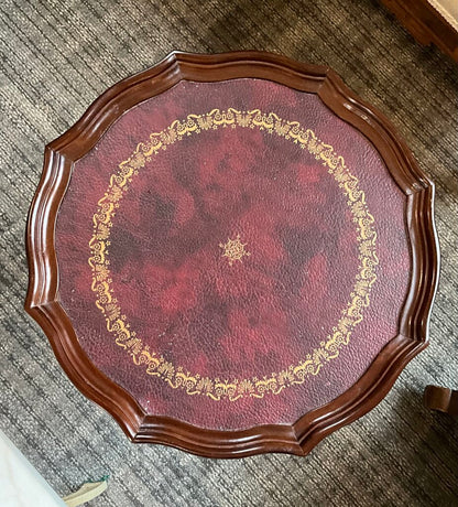 Vintage Leather Top Pie Crust Accent Table