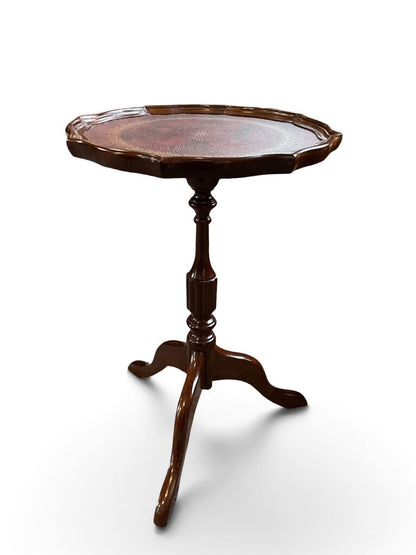 Vintage Leather Top Pie Crust Accent Table