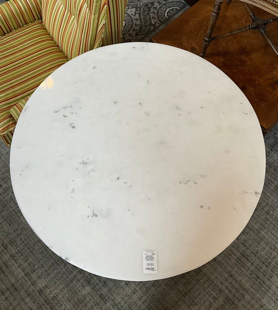 White Marble & Brass Pedestal Dining Table