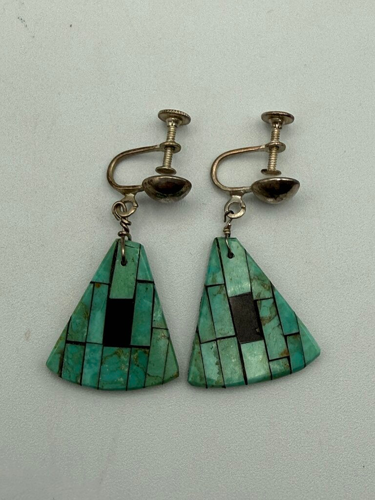 VTG Inlaid Turquoise Triangle Dangle Earrings Sterling Screw-Back /ro