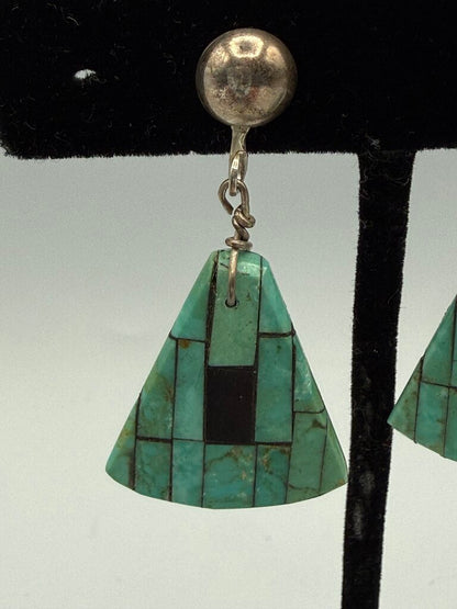 VTG Inlaid Turquoise Triangle Dangle Earrings Sterling Screw-Back /ro