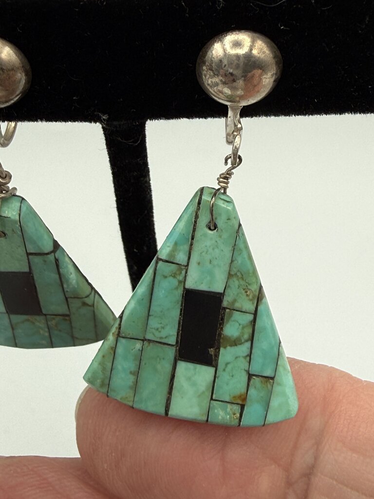 VTG Inlaid Turquoise Triangle Dangle Earrings Sterling Screw-Back /ro