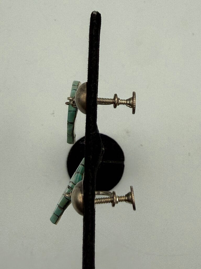 VTG Inlaid Turquoise Triangle Dangle Earrings Sterling Screw-Back /ro