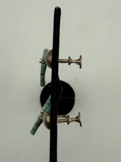 VTG Inlaid Turquoise Triangle Dangle Earrings Sterling Screw-Back /ro