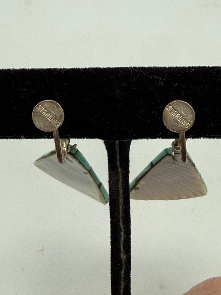 VTG Inlaid Turquoise Triangle Dangle Earrings Sterling Screw-Back /ro