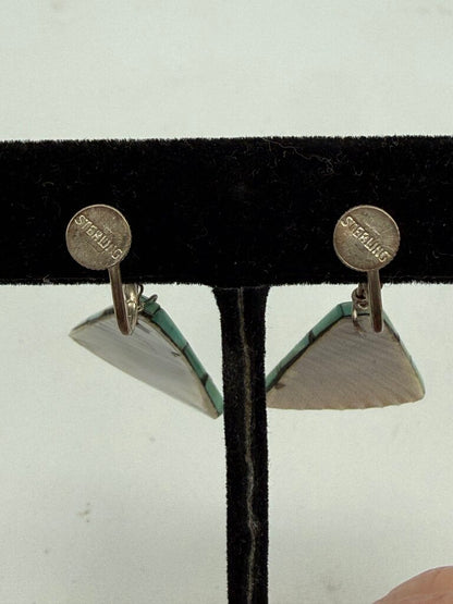 VTG Inlaid Turquoise Triangle Dangle Earrings Sterling Screw-Back /ro