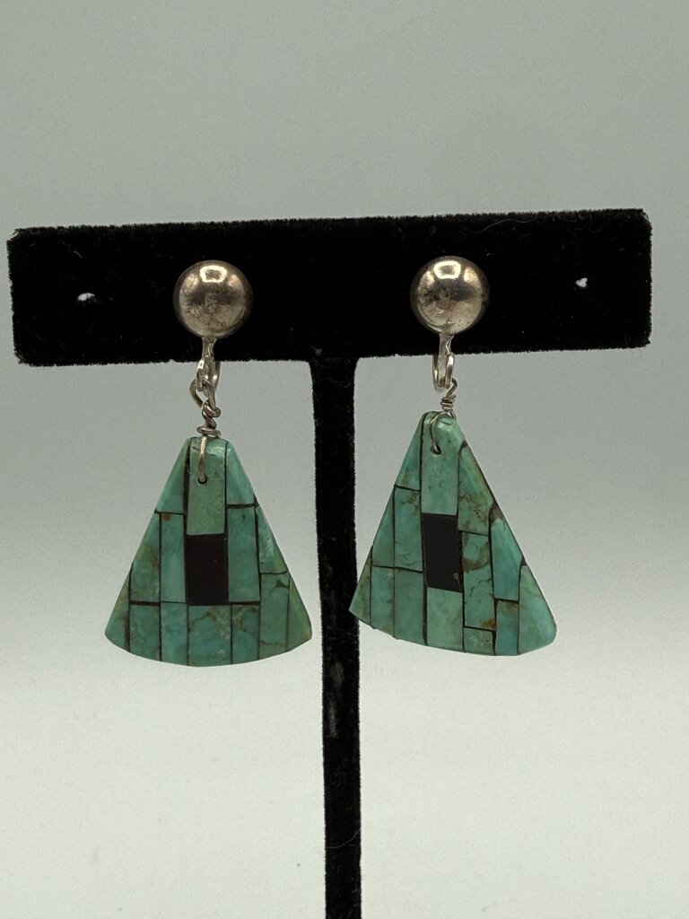 VTG Inlaid Turquoise Triangle Dangle Earrings Sterling Screw-Back /ro