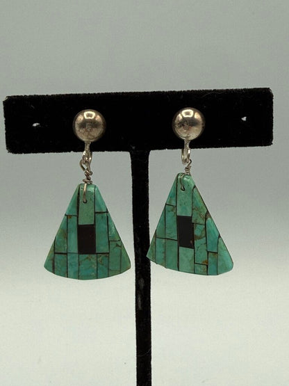 VTG Inlaid Turquoise Triangle Dangle Earrings Sterling Screw-Back /ro
