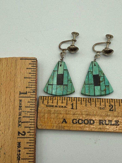 VTG Inlaid Turquoise Triangle Dangle Earrings Sterling Screw-Back /ro