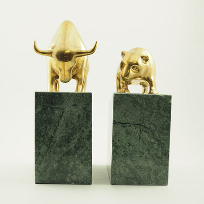 Bear & Bull Brass and Stone Bookends /g