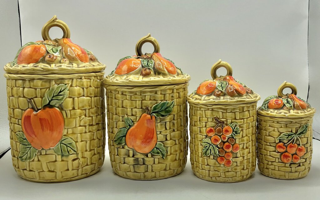 Vintage 1960’s Lefton Fruit & Basket Weave 4pc Canister Set 5254 /b