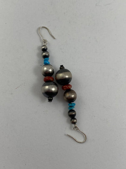 Graduated Stacked Sterling Silver Bead Earrings with Turquoise & Coral /r