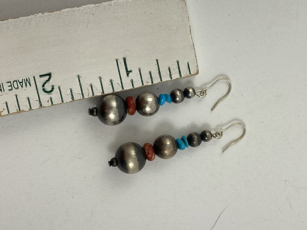 Graduated Stacked Sterling Silver Bead Earrings with Turquoise & Coral /r