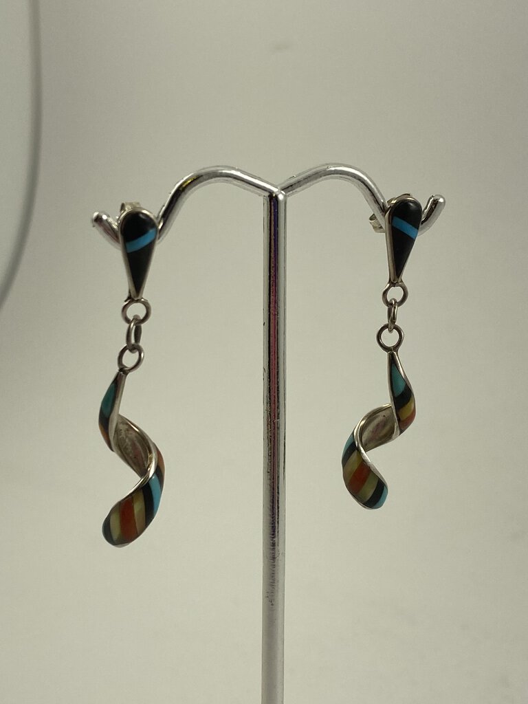 Zuni Sterling Silver Dangle Spiral Earring Inlaid Turquoise Black Onxy Coral MOP Signed /r