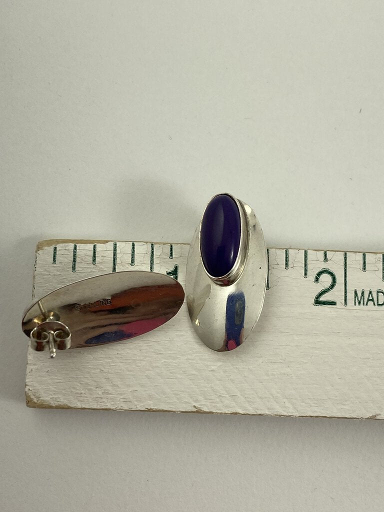 Cabochon Purple Spiny Oyster Pierced Sterling Silver Earrings 1” Shiny! /r