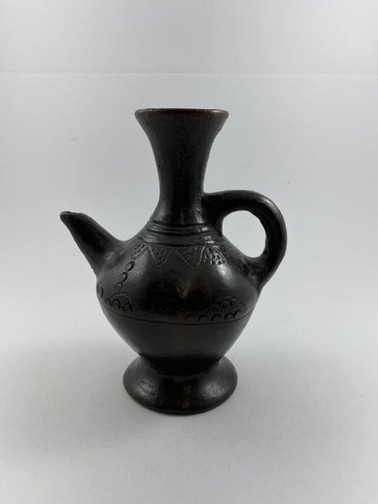 Vintage Ceramic Red Clay Dark Brown Glaze Primitive Pitcher 6” Jug with spout and Handle /r