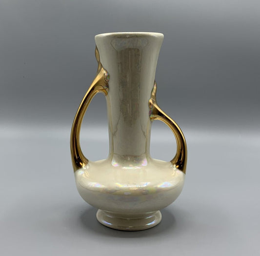 Vintage White Opalescent Vase with Gold Handles /hg