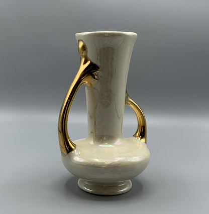 Vintage White Opalescent Vase with Gold Handles /hg