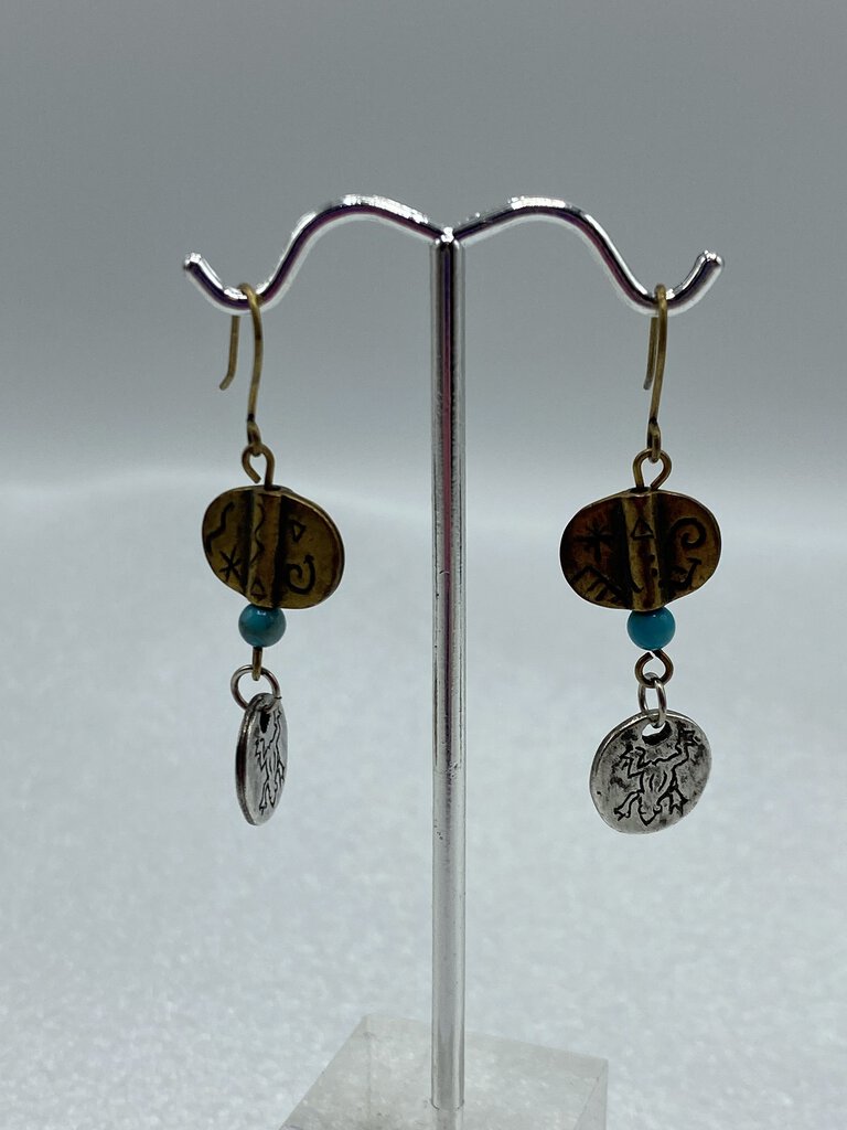 Two Toned Dangle Pierced Wire Earring Silver/Bronze Turquoise Bead /r