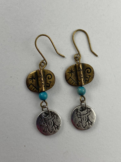 Two Toned Dangle Pierced Wire Earring Silver/Bronze Turquoise Bead /r