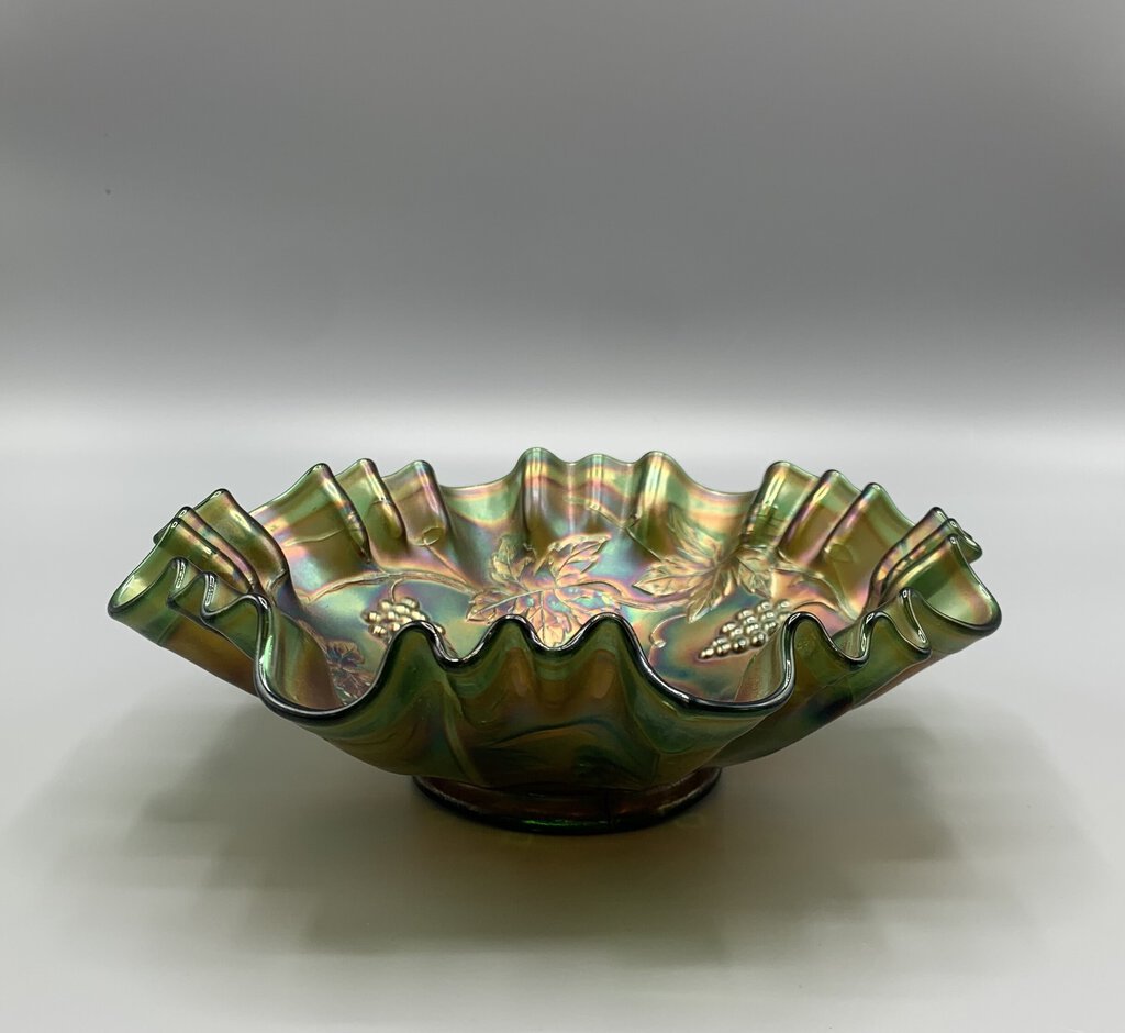 Vintage Fenton Carnival Glass Ruffled Edge Bowl, Emerald Base, Grape Pattern /hg