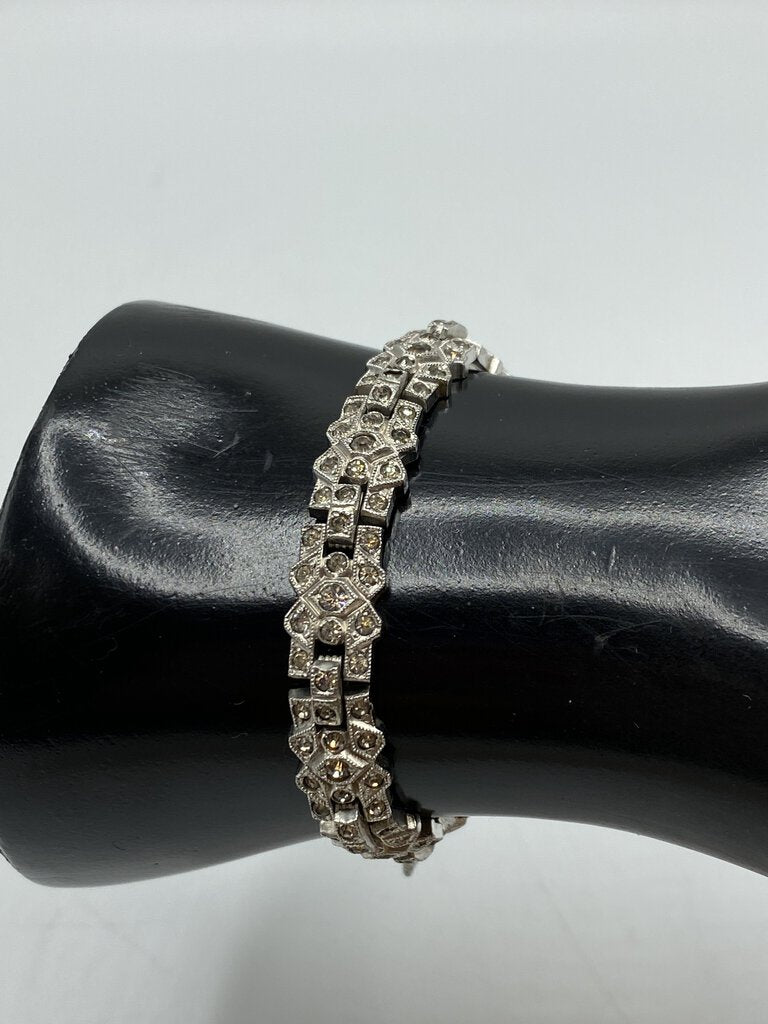 Unique Silver Rhinestone Linked Bracelet W/Safety Chain & Extender /r