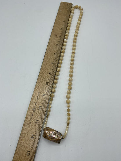 Beige Toned Stone Graduated Bead Necklace w/Abalone Bead Pendant /r