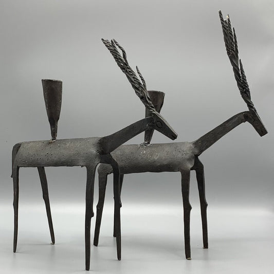 Mid-Century Brutalist Cast Iron Gazelle Candleholders Set/2