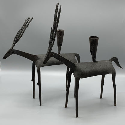 Mid-Century Brutalist Cast Iron Gazelle Candleholders Set/2