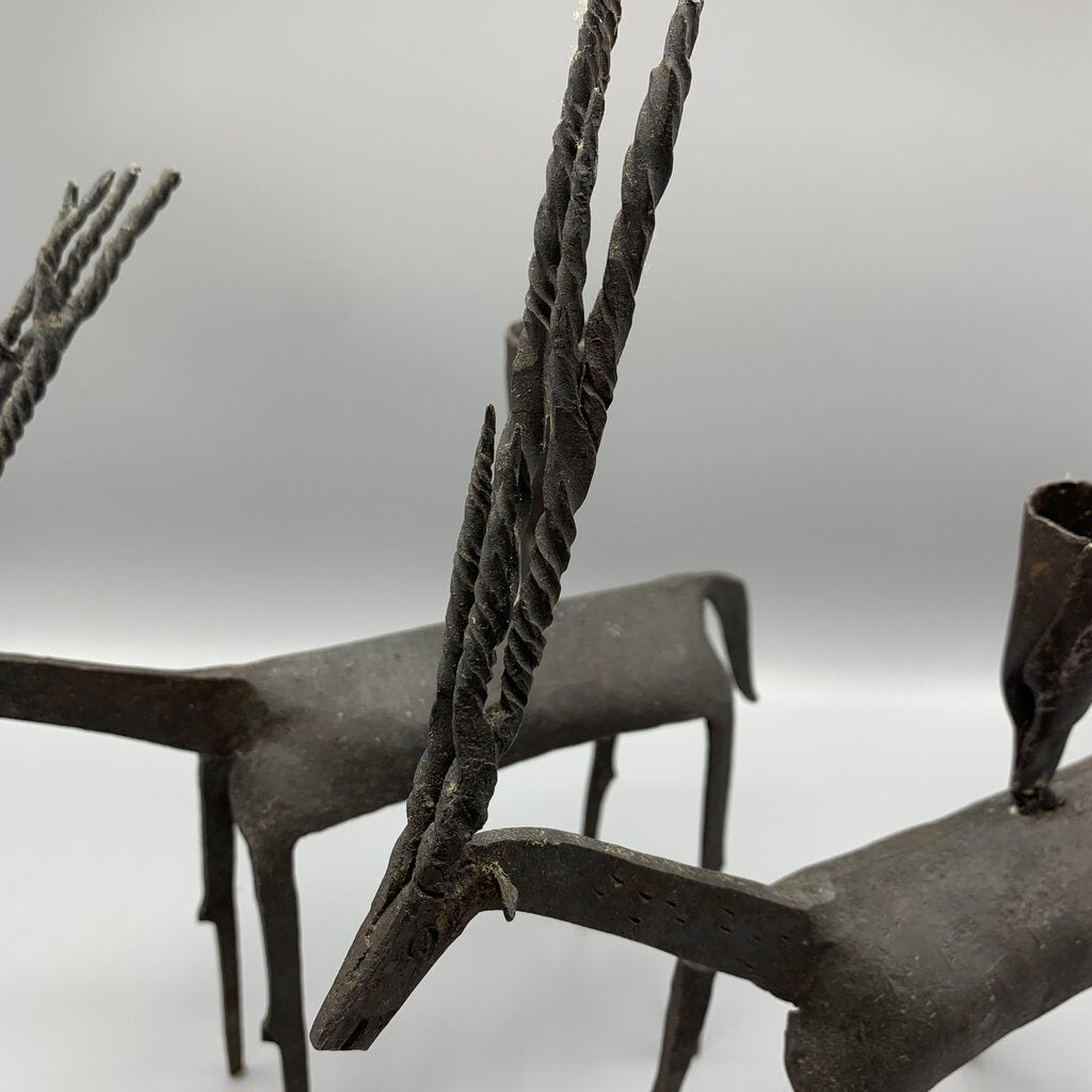 Mid-Century Brutalist Cast Iron Gazelle Candleholders Set/2