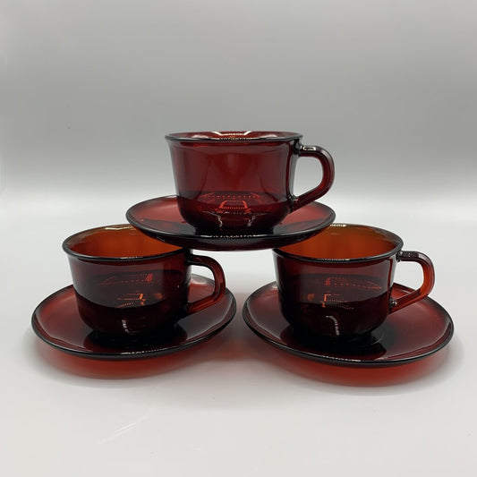 Vintage Arcoroc France Ruby Red Teacup and Saucer Set/3 /hg