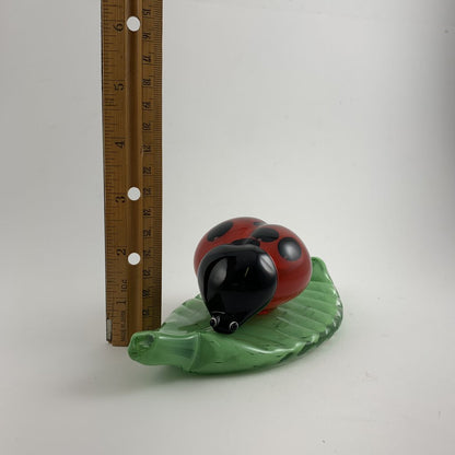 Blown Glass Murano-Style Lady Bug on a Leaf Figurine /hg