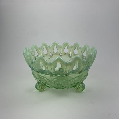 Antique Northwood Shell and Wild Rose Opalescent Green Footed Bowl /hg