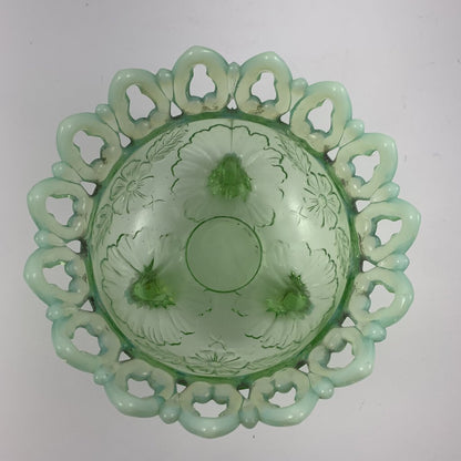 Antique Northwood Shell and Wild Rose Opalescent Green Footed Bowl /hg