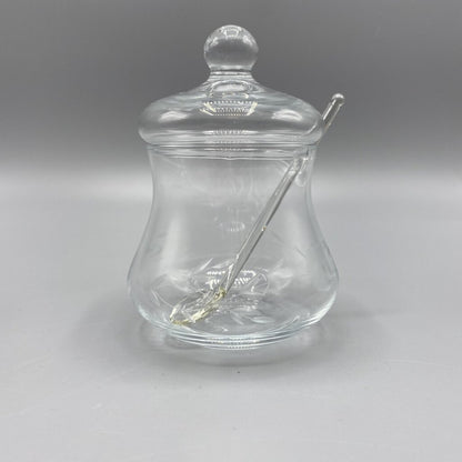 Vintage Floral Etched Glass Sugar Bowl with Lid and Spoon /bh