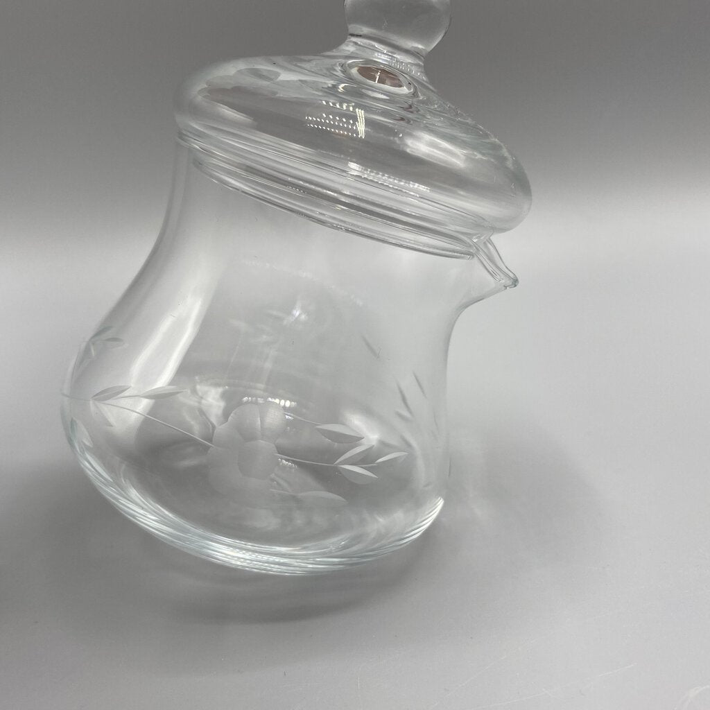 Vintage Floral Etched Glass Sugar Bowl with Lid and Spoon /bh