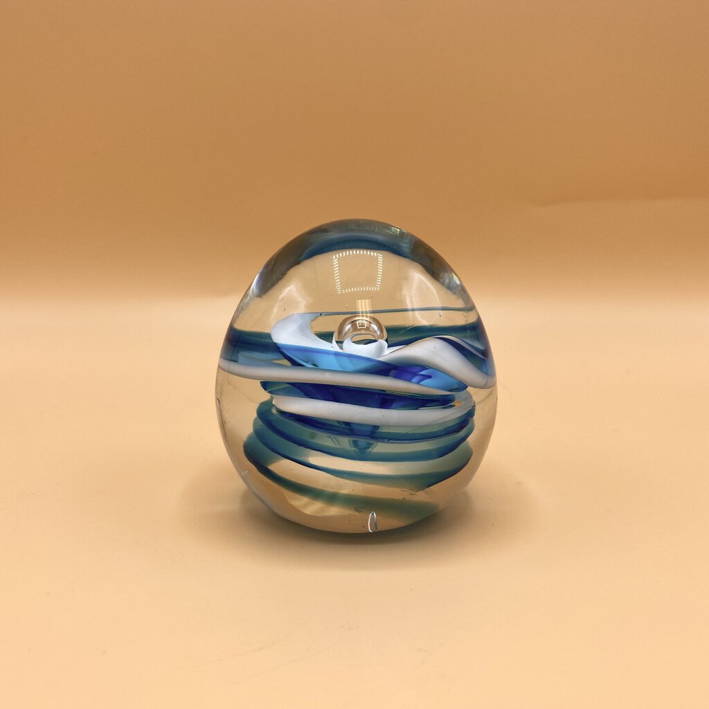 Vintage Hand Blown Blue and White Swirled Glass Paperweight - Not Signed /bh