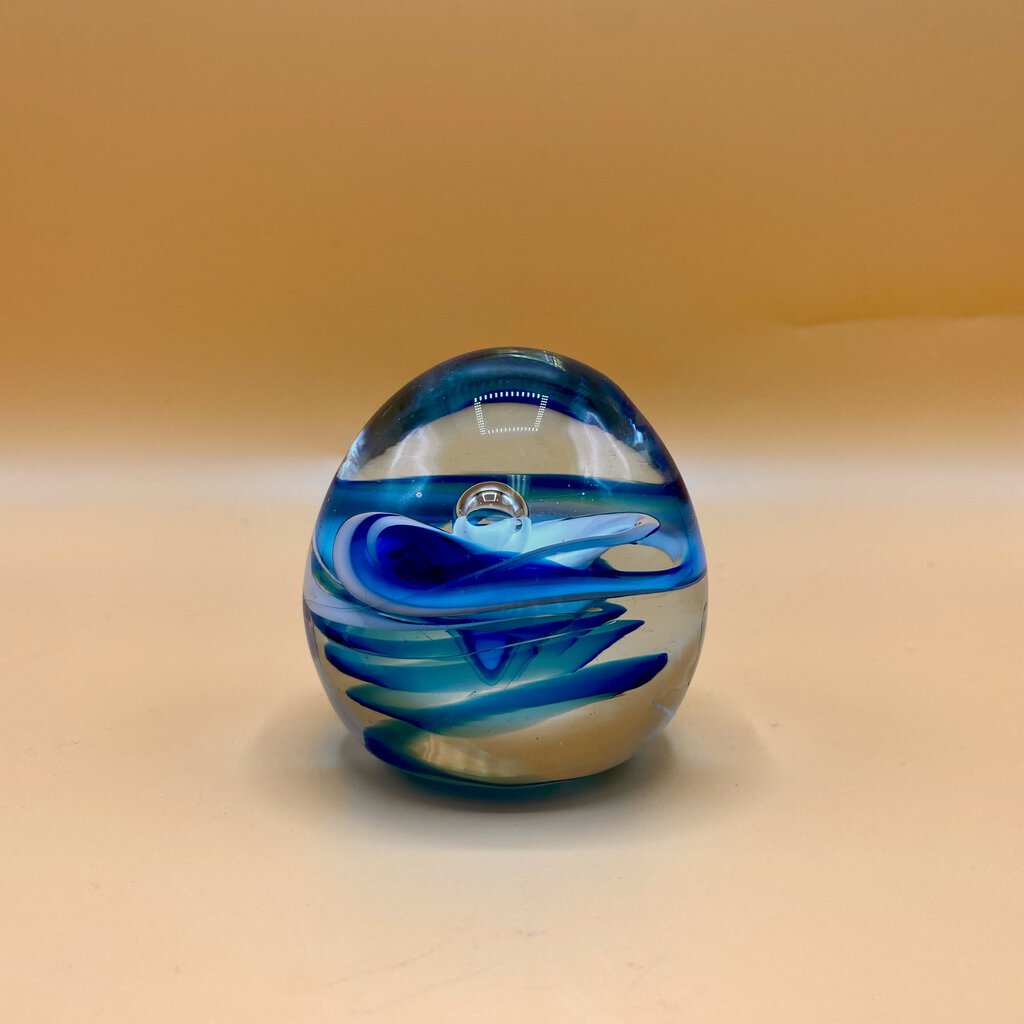 Vintage Hand Blown Blue and White Swirled Glass Paperweight - Not Signed /bh