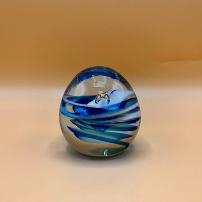 Vintage Hand Blown Blue and White Swirled Glass Paperweight - Not Signed /bh