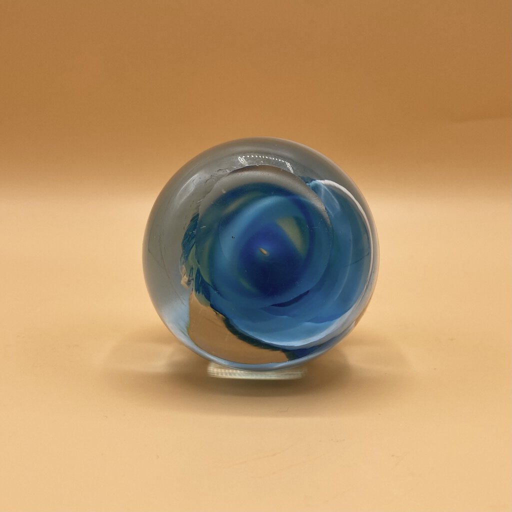 Vintage Hand Blown Blue and White Swirled Glass Paperweight - Not Signed /bh