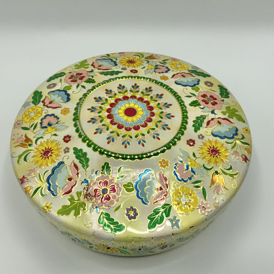 Vintage Colorful Floral Round Embossed Biscuit Cookie Tin Made In Holland /cb