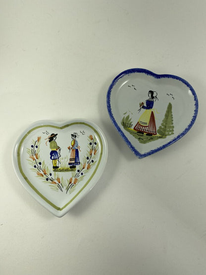 Henriot Quimper Pottery France set of 2 Heart Shape 4.5” Trinket Dishes /ro