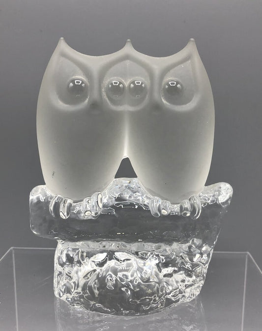 Clear & Frosted Glass Owls on Branch Figurine /b