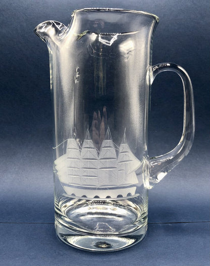 Vintage Clipper Ship Etched Glass Pitcher /b