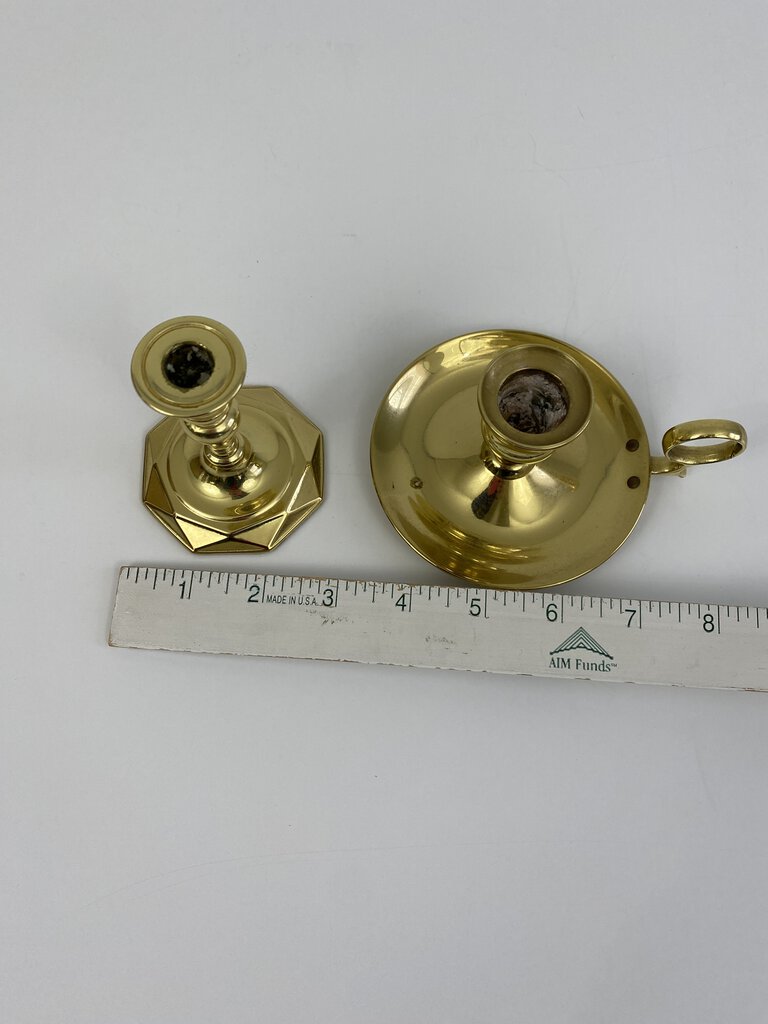 Baldwin set of 2 Brass Candlestick Holders Chamberstick 3.5” and traditional 2.25” Tall /rb