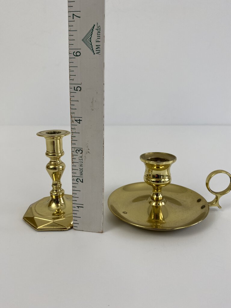 Baldwin set of 2 Brass Candlestick Holders Chamberstick 3.5” and traditional 2.25” Tall /rb